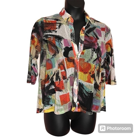 Ali Miles gauzy sheer artsy geometric button down colorful blouse LP - Picture 1 of 10